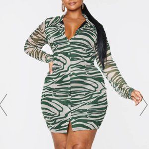PLUS GREEN ZEBRA PRINT MESH BUTTON DOWN SHIRT DRESS